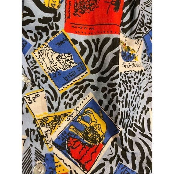 Vintage Blue Animal Print Animal Stamps logo HARMAL NEW YORK medium button down - Picture 4 of 13